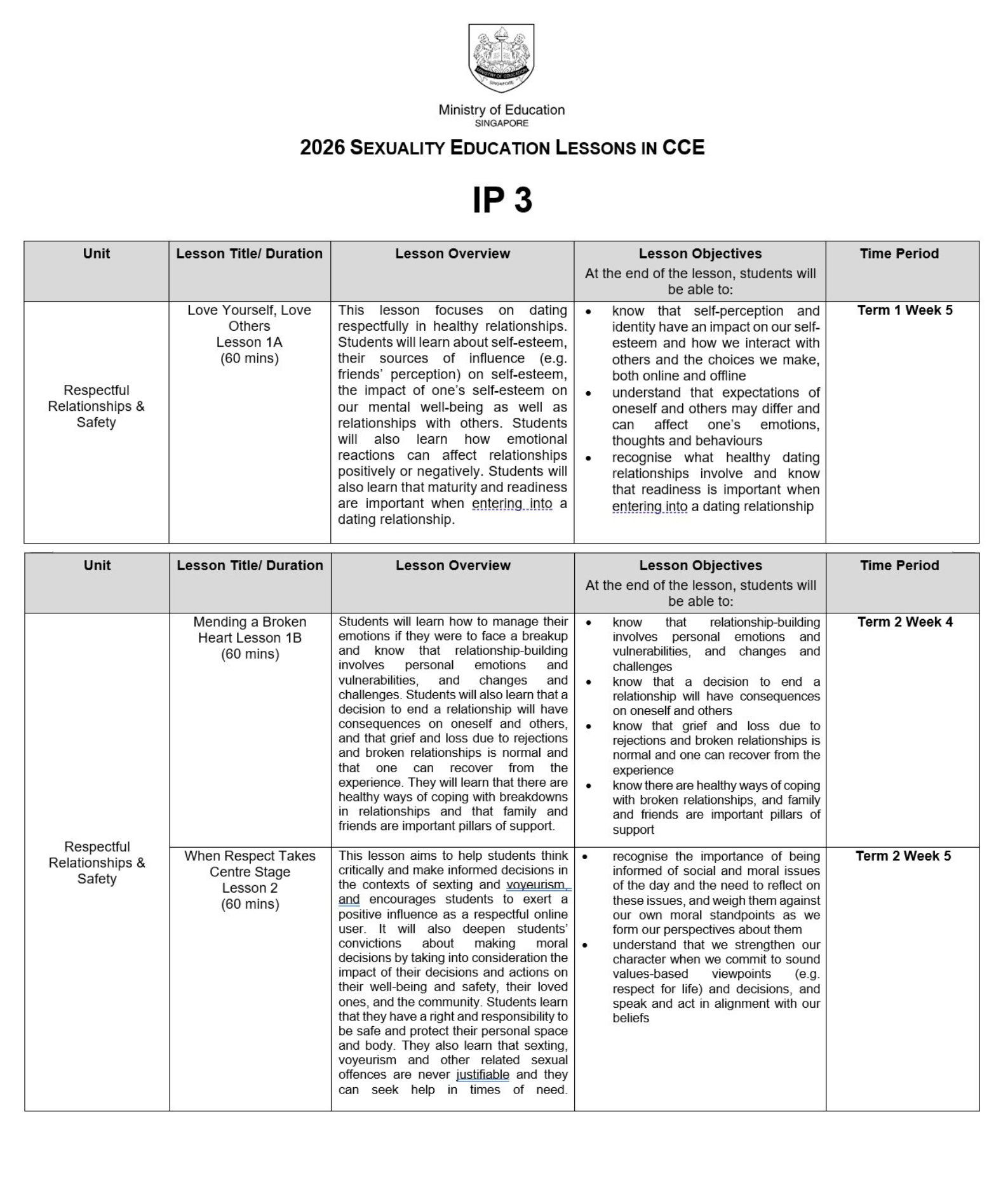 Singapore Ministry of Education document showing 2026 Sexuality Education Lessons in CCE for IP 3 students.